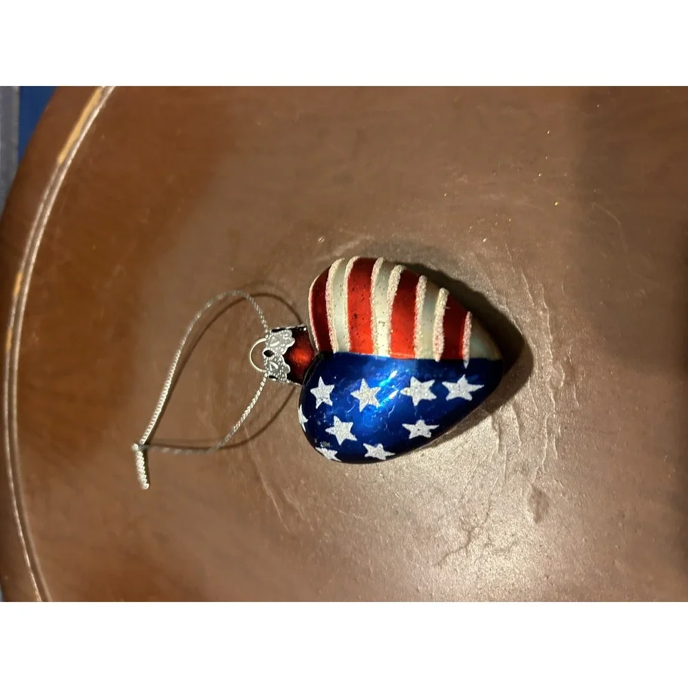 Glass patriotic USA flag stars stripes heart Christmas Ornament